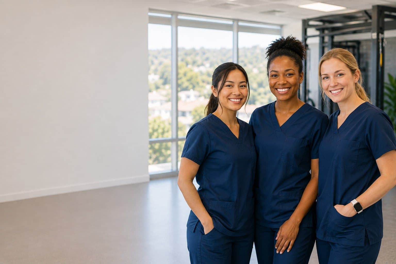 Three smiling ORCA Rehab clinicians in navy scrubs